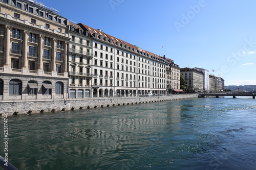 Switzerland, Geneva - 06 20 2018: City view of waterside, Geneva