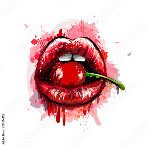 Woman red lips with cherry