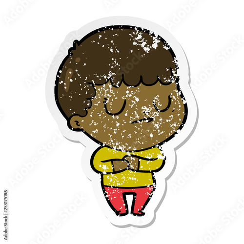 distressed sticker of a cartoon grumpy boy