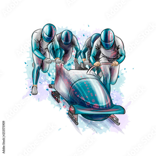 Billede på lærred Bobsleigh for four athletes from splash of watercolors