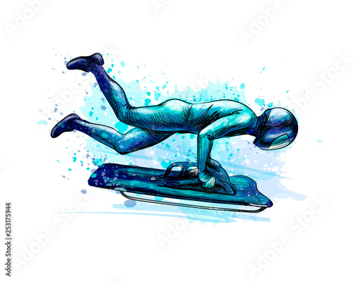 Skeleton from splash of watercolors. Hand drawn sketch. Winter sport descent on a sleigh