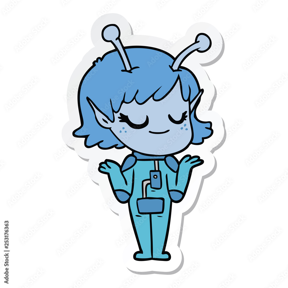sticker of a smiling alien girl cartoon sticker of a smiling alien girl cartoon
