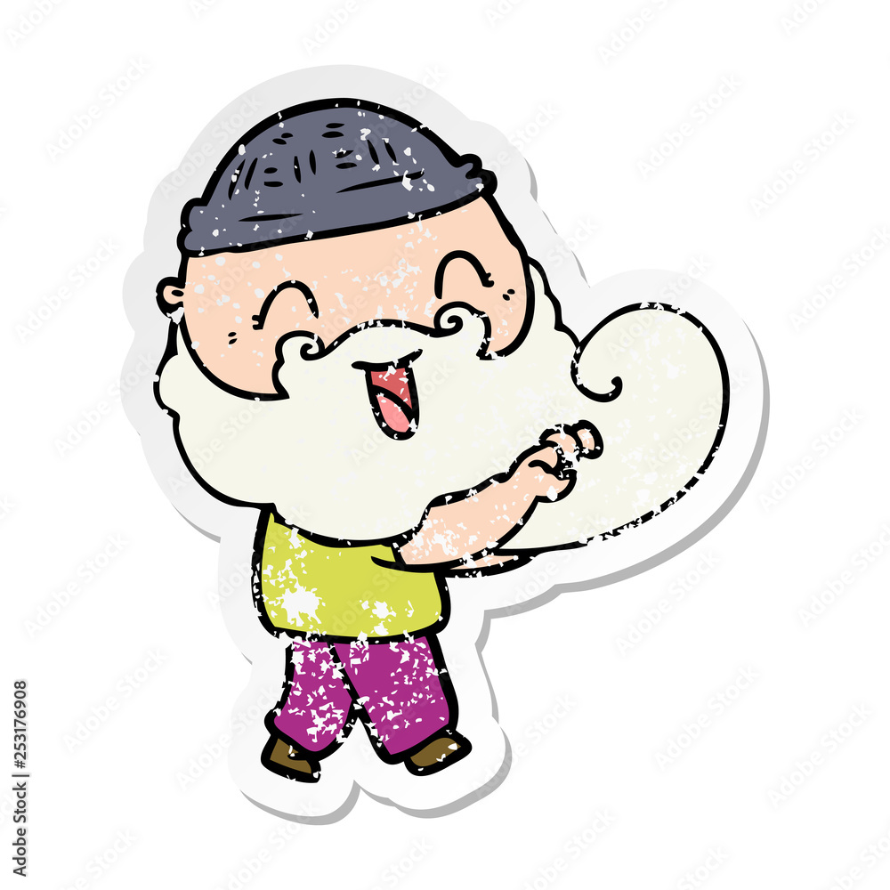 distressed sticker of a happy bearded man grabbing distressed sticker of a happy bearded man grabbing