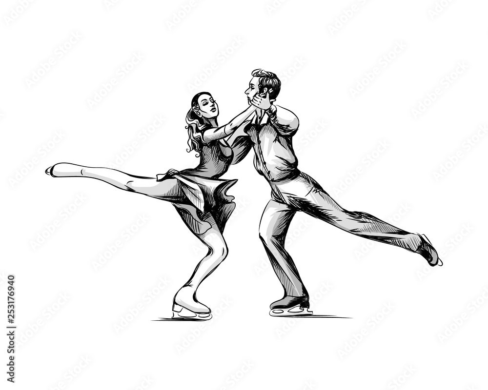 Winter sport Figure skating young couple skaters hand drawn sketch Winter sport Figure skating young couple skaters hand drawn sketch