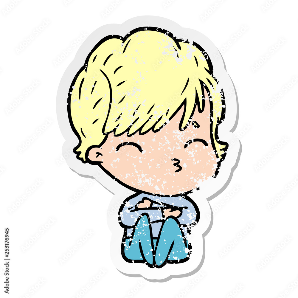 distressed sticker of a cartoon woman thinking distressed sticker of a cartoon woman thinking