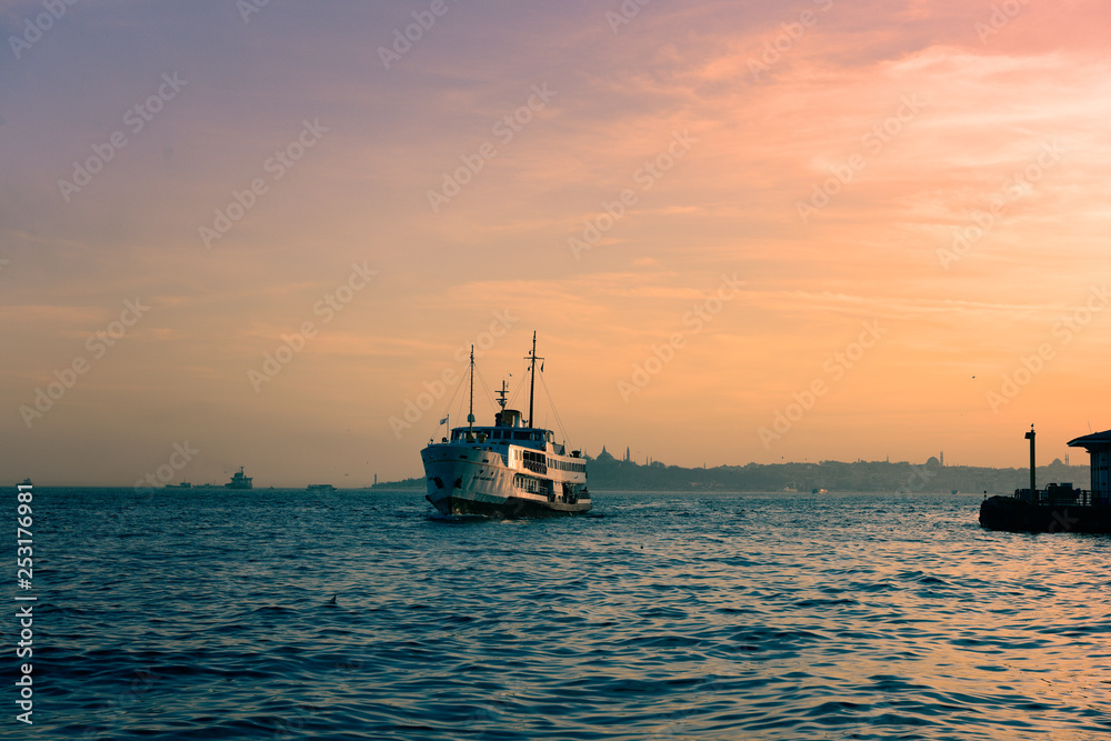 Ferryboat in the Istanbul bosphorus at sunset