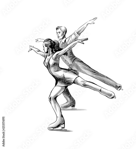 Winter sport Figure skating young couple skaters hand drawn sketch