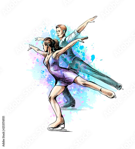 Abstract winter sport Figure skating young couple skaters from splash of watercolors