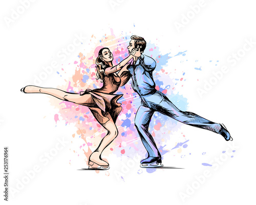 Abstract winter sport Figure skating young couple skaters from splash of watercolors