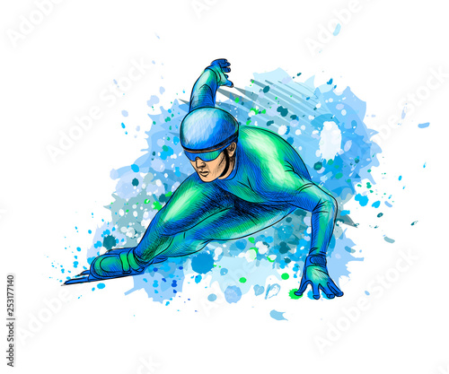 Abstract speed skaters from splash of watercolors. Winter sport Short track