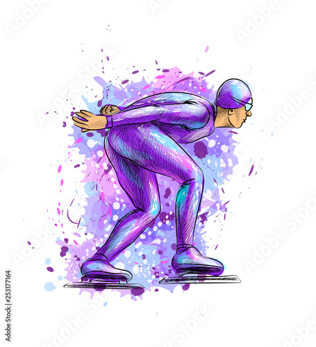 Abstract speed skaters from splash of watercolors. Winter sport Short track