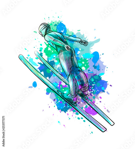 Abstract jumping skier from a splash of watercolor