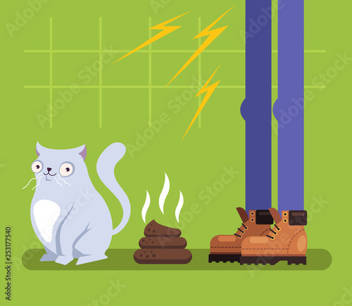 Bad behavior funny cat character sitting near poop. Owner man angry. Pets animal training isolated illustration graphic design flat concept