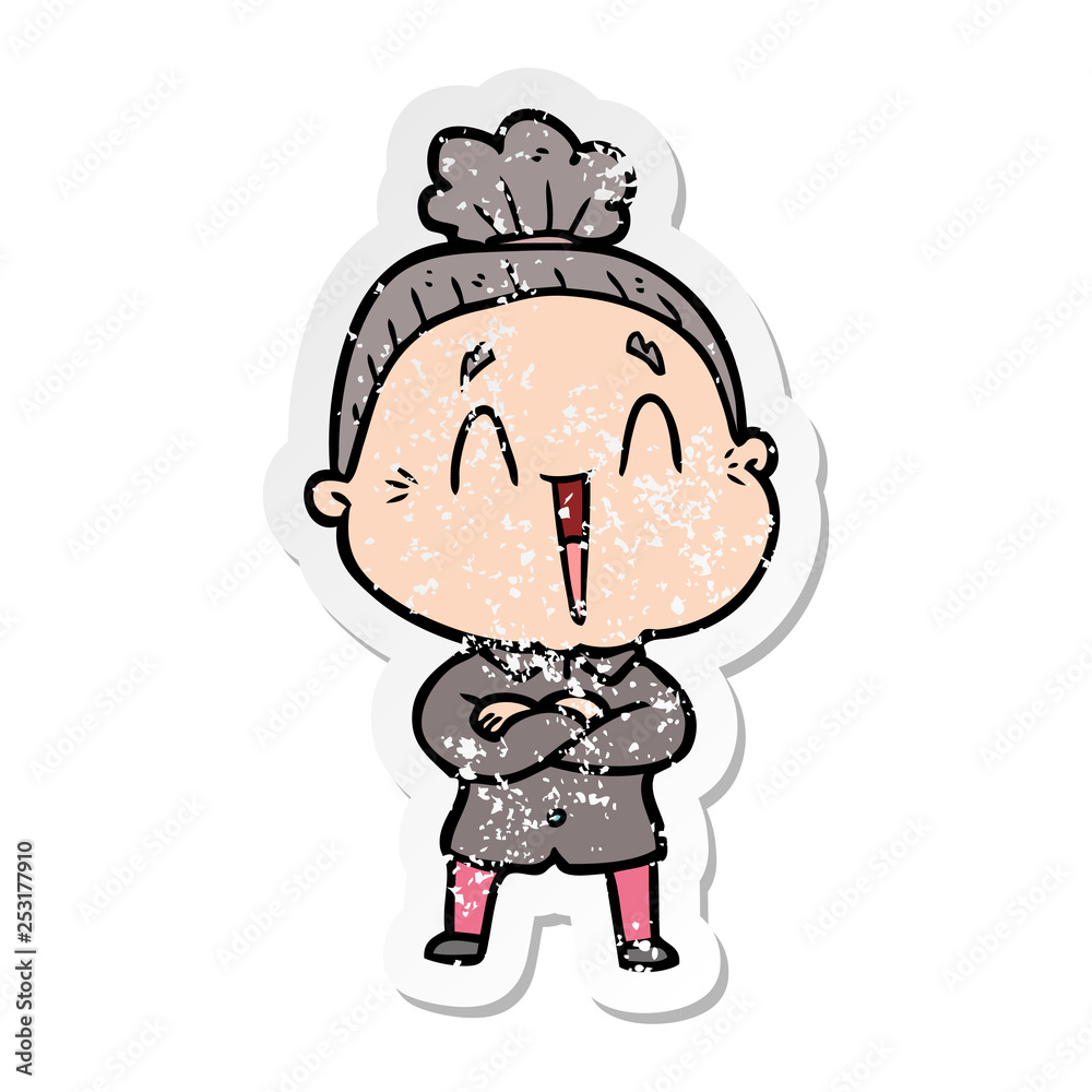 distressed sticker of a cartoon happy old lady distressed sticker of a cartoon happy old lady