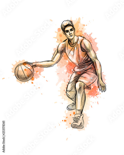 Abstract basketball player with ball from a splash of watercolor