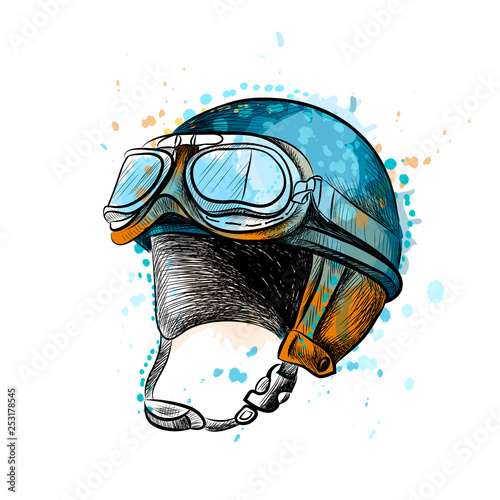 Vintage motorcycle classic helmet with goggles from a splash of watercolor