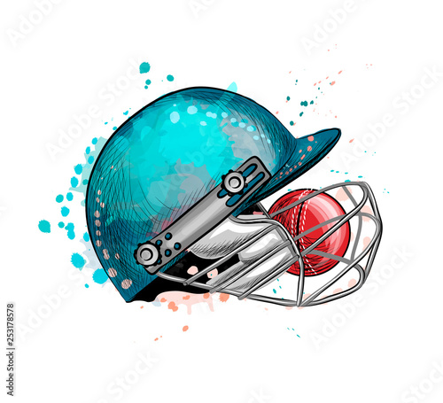 Cricket helmet with ball from a splash of watercolor