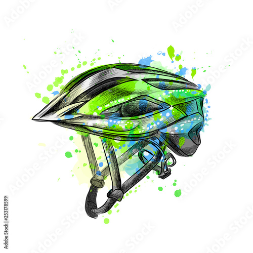 Bicycle helmet from a splash of watercolor, hand drawn sketch