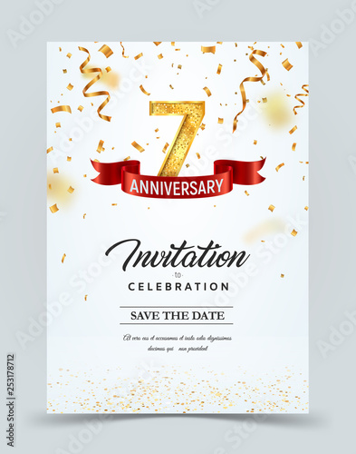 Invitation card template of 7 years anniversary with abstract text vector illustration. Greeting card template
