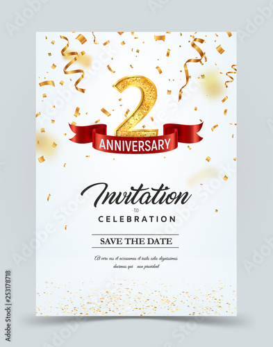 Invitation card template of 2 years anniversary with abstract text vector illustration. Greeting card template