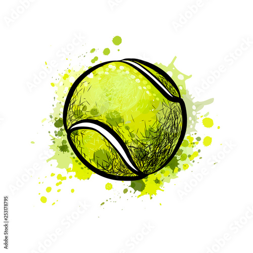 Tennis ball from a splash of watercolor, hand drawn sketch