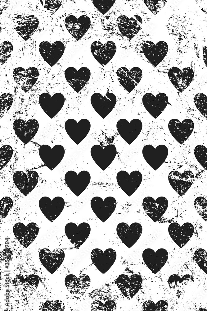 Grunge pattern with icons of hearts. Vertical .black and white backdrop. Grunge pattern with icons of hearts. Vertical .black and white backdrop.