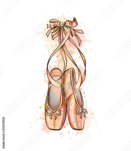 Ballet shoes, pointe shoes from a splash of watercolor