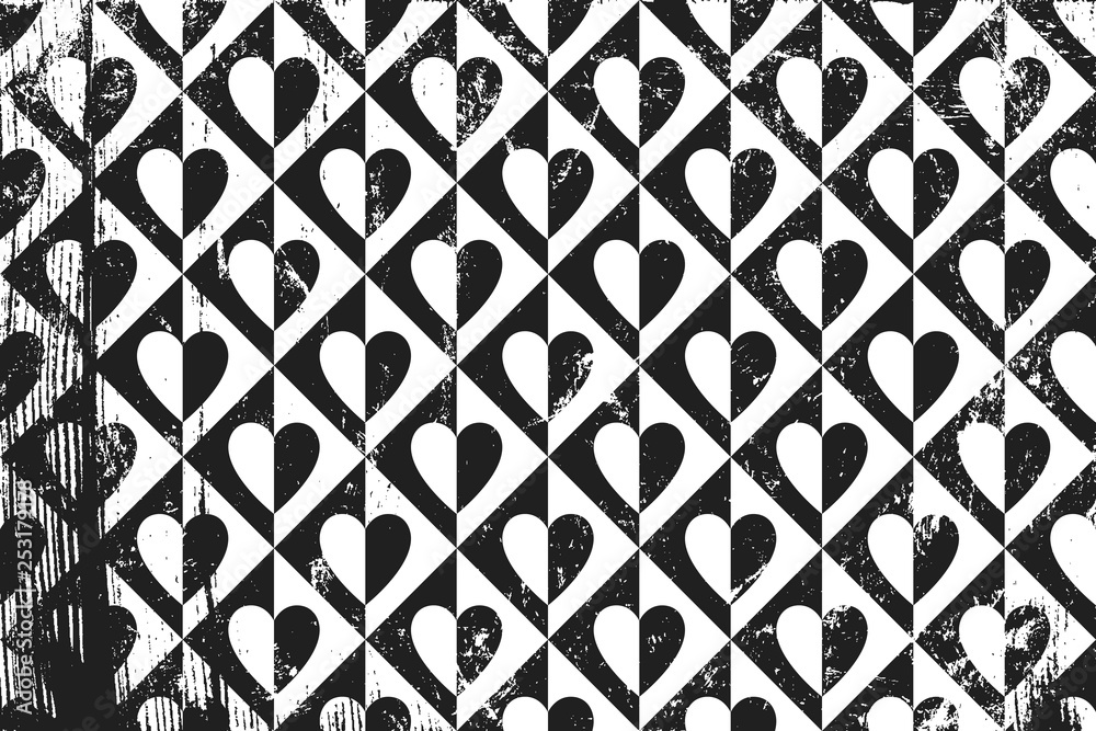 Grunge pattern with circus icons of hearts. Horizontal black and white backdrop. Grunge pattern with circus icons of hearts. Horizontal black and white backdrop.