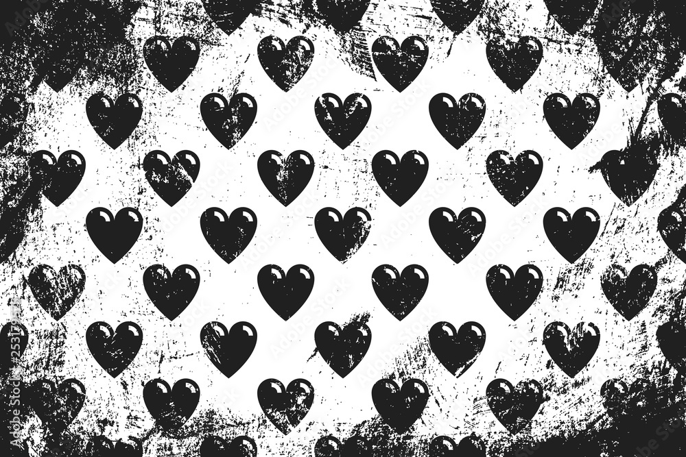 Grunge pattern with icons of bubble hearts. Horizontal black and white backdrop. Grunge pattern with icons of bubble hearts. Horizontal black and white backdrop.