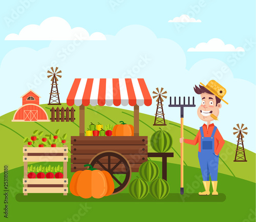 Happy smiling farmer local seller character standing near his shop store and sell fruits and vegetables. Farm agriculture concept. Vector flat cartoon design graphic banner illustration