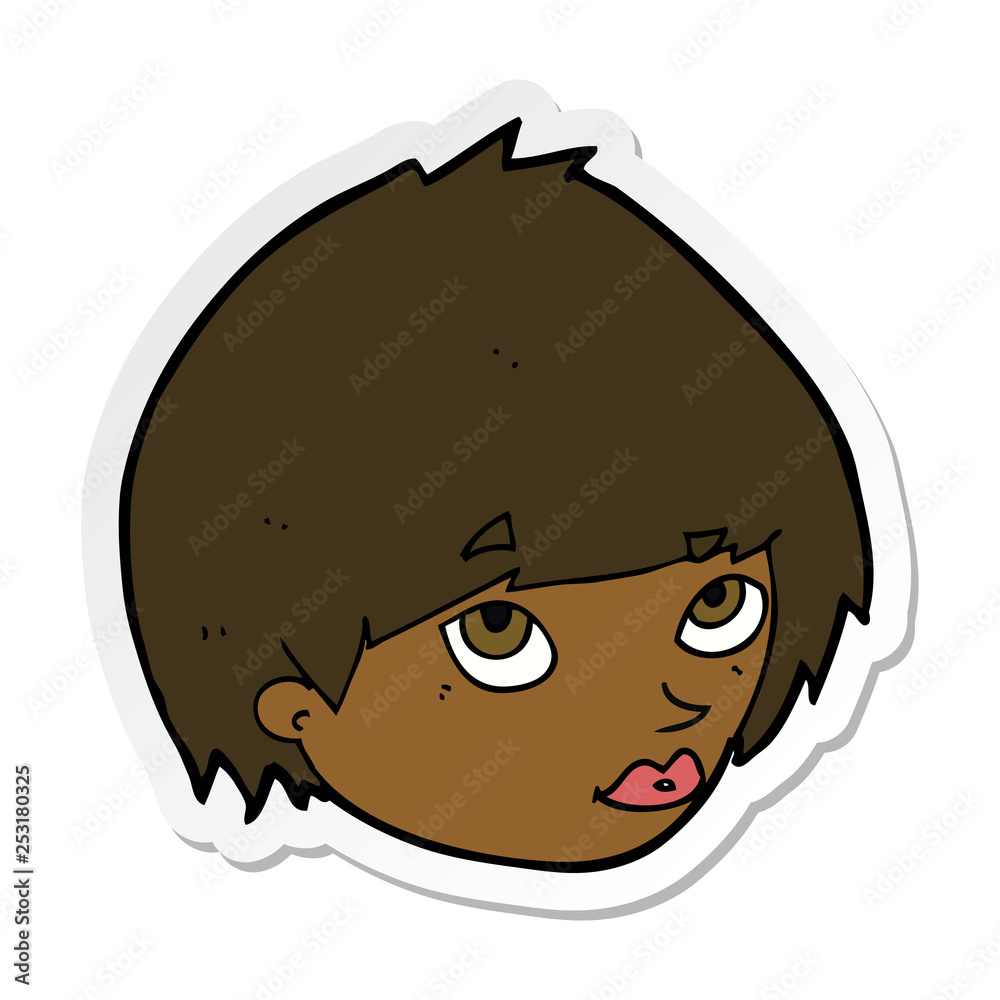 sticker of a cartoon female face looking up