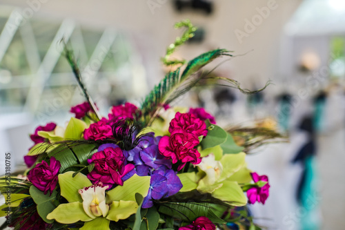Wedding table decorated with flowers, dinner at the restaurant, Banquet