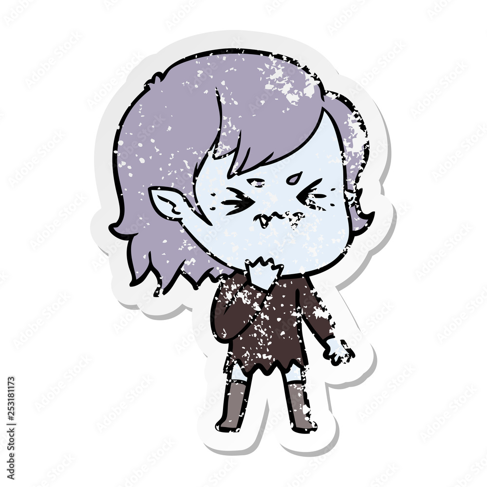 distressed sticker of a annoyed cartoon vampire girl distressed sticker of a annoyed cartoon vampire girl