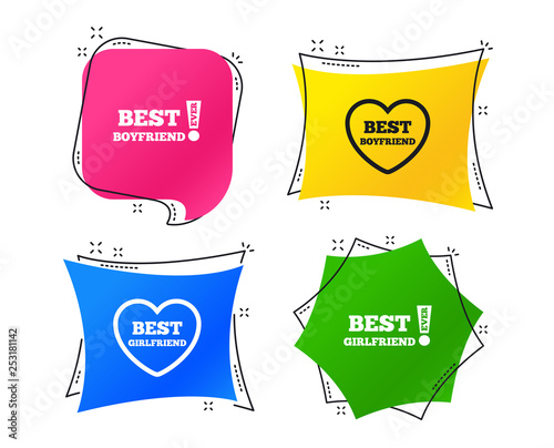 Best boyfriend and girlfriend icons. Heart love signs. Awards with exclamation symbol. Geometric colorful tags. Banners with flat icons. Trendy design. Vector