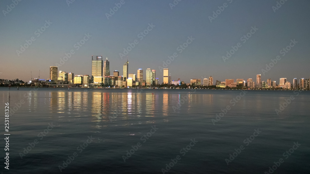 sunset wide shot of the city of perth and the swan river from south perth esplanade