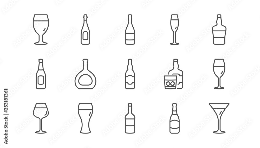 Bottles line icons. Beer drinks, Wine glass and Whiskey bottle. Champagne linear icon set. Vector Bottles line icons. Beer drinks, Wine glass and Whiskey bottle. Champagne linear icon set. Vector