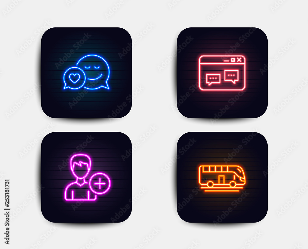 Neon glow lights. Set of Dating, Browser window and Add person icons. Bus tour sign. Love messenger, Website chat, Edit user data. Transport. Neon icons. Glowing light banners. Vector Neon glow lights. Set of Dating, Browser window and Add person icons. Bus tour sign. Love messenger, Website chat, Edit user data. Transport. Neon icons. Glowing light banners. Vector