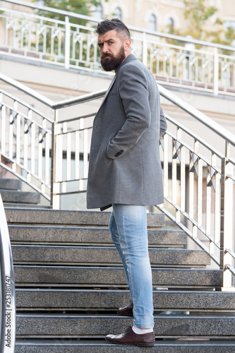 Wallpaper Mural Rise higher. Stylish casual outfit spring season. Menswear and male fashion concept. Man bearded hipster stylish fashionable coat or jacket. Comfortable outfit. Hipster fashion model outdoors Torontodigital.ca