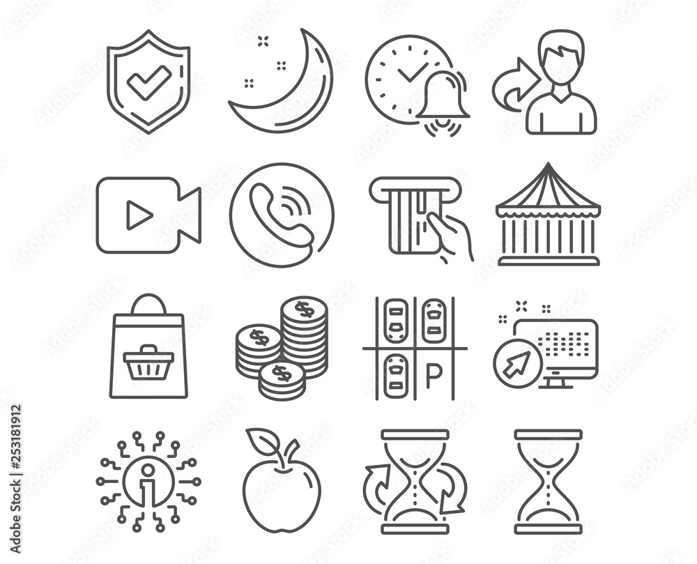 Set of Coins, Online buying and Parking place icons. Video camera, Carousels and Alarm bell signs. Time hourglass, Credit card and Hourglass symbols. Cash money, Shopping cart, Transport. Vector Set of Coins, Online buying and Parking place icons. Video camera, Carousels and Alarm bell signs. Time hourglass, Credit card and Hourglass symbols. Cash money, Shopping cart, Transport. Vector