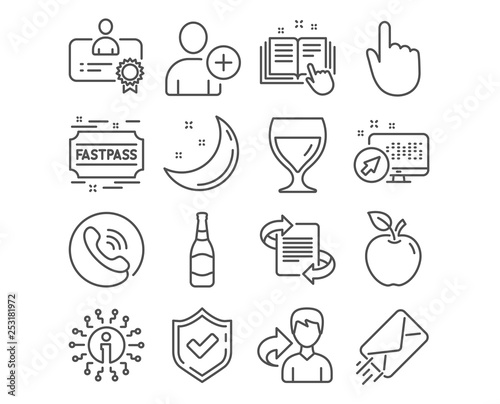 Set of E-mail, Add user and Fastpass icons. Beer bottle, Hand click and Technical documentation signs. Marketing, Wine glass and Certificate symbols. Mail delivery, Profile settings, Entrance ticket