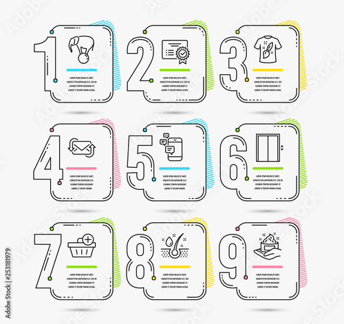 Timeline set of Certificate, Lift and Communication icons. T-shirt design, Add purchase and Serum oil signs. Elephant on ball, Refresh mail and Skin care symbols