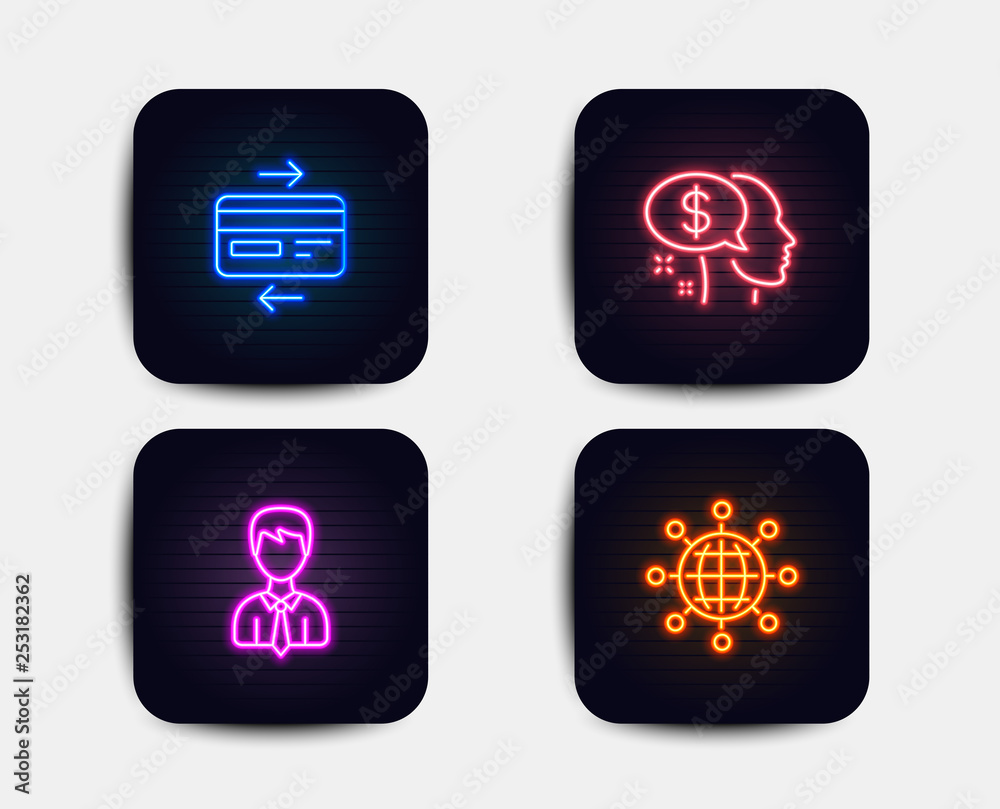 Neon glow lights. Set of Credit card, Pay and Businessman icons. International globe sign. Bank payment, Beggar, User data. World networking. Neon icons. Glowing light banners. Vector Neon glow lights. Set of Credit card, Pay and Businessman icons. International globe sign. Bank payment, Beggar, User data. World networking. Neon icons. Glowing light banners. Vector