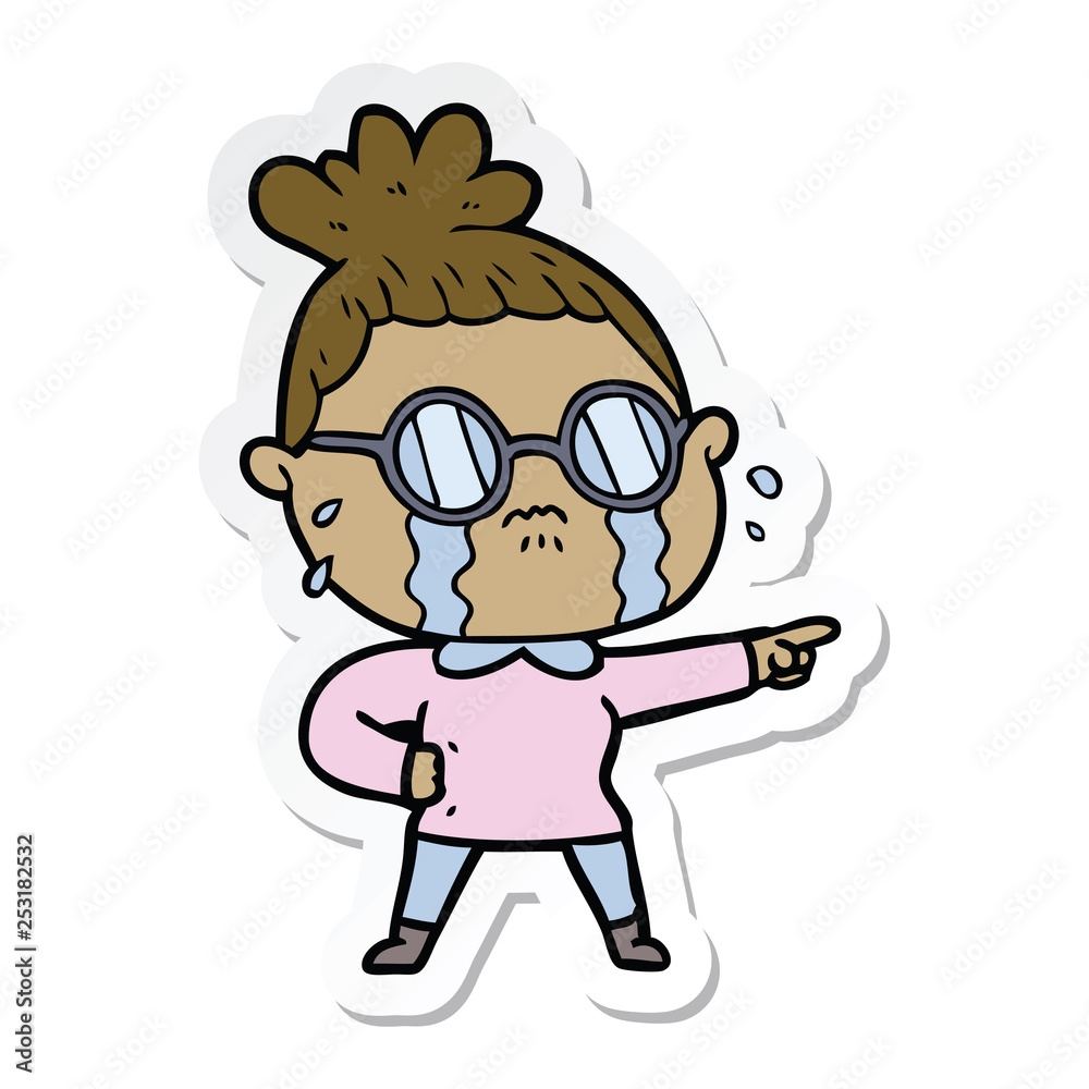 sticker of a cartoon crying woman wearing spectacles