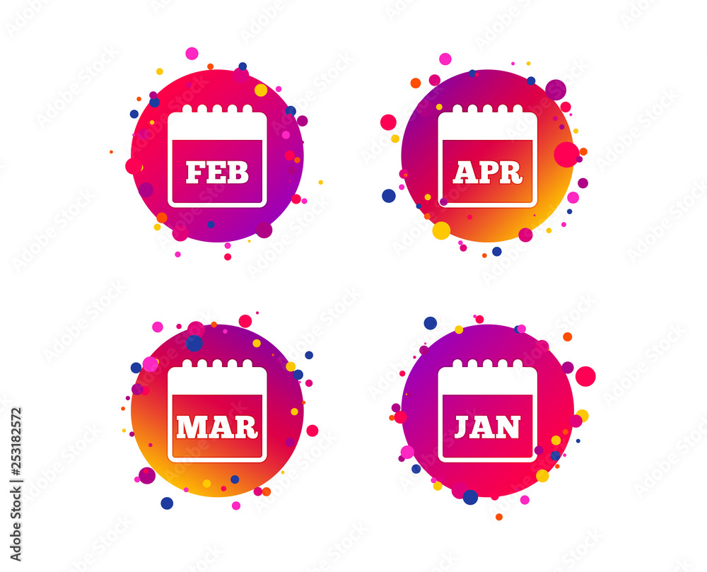 Calendar icons. January, February, March and April month symbols. Date or event reminder sign. Gradient circle buttons with icons. Random dots design. Vector