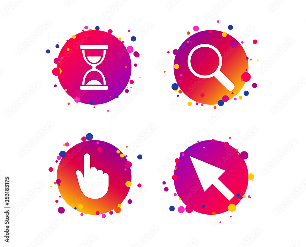 Mouse cursor and hand pointer icons. Hourglass and magnifier glass navigation sign symbols. Gradient circle buttons with icons. Random dots design. Vector Mouse cursor and hand pointer icons. Hourglass and magnifier glass navigation sign symbols. Gradient circle buttons with icons. Random dots design. Vector