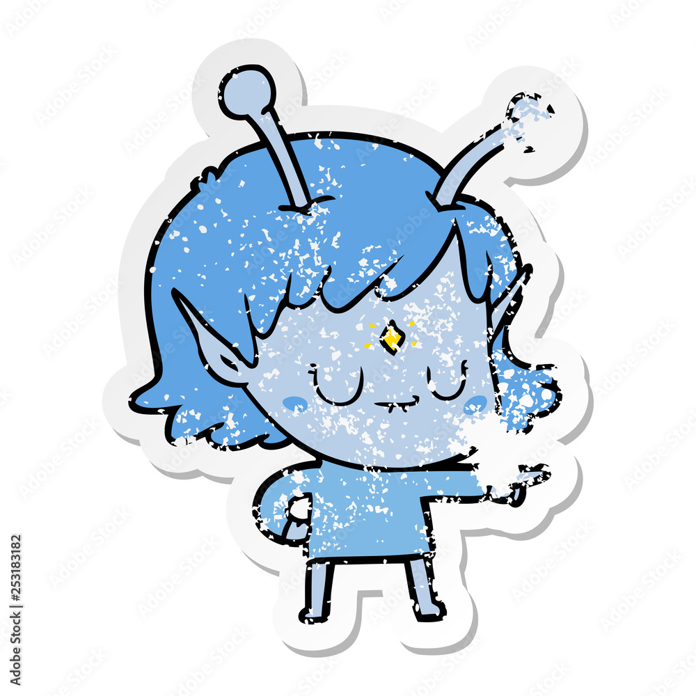 distressed sticker of a cartoon alien girl distressed sticker of a cartoon alien girl
