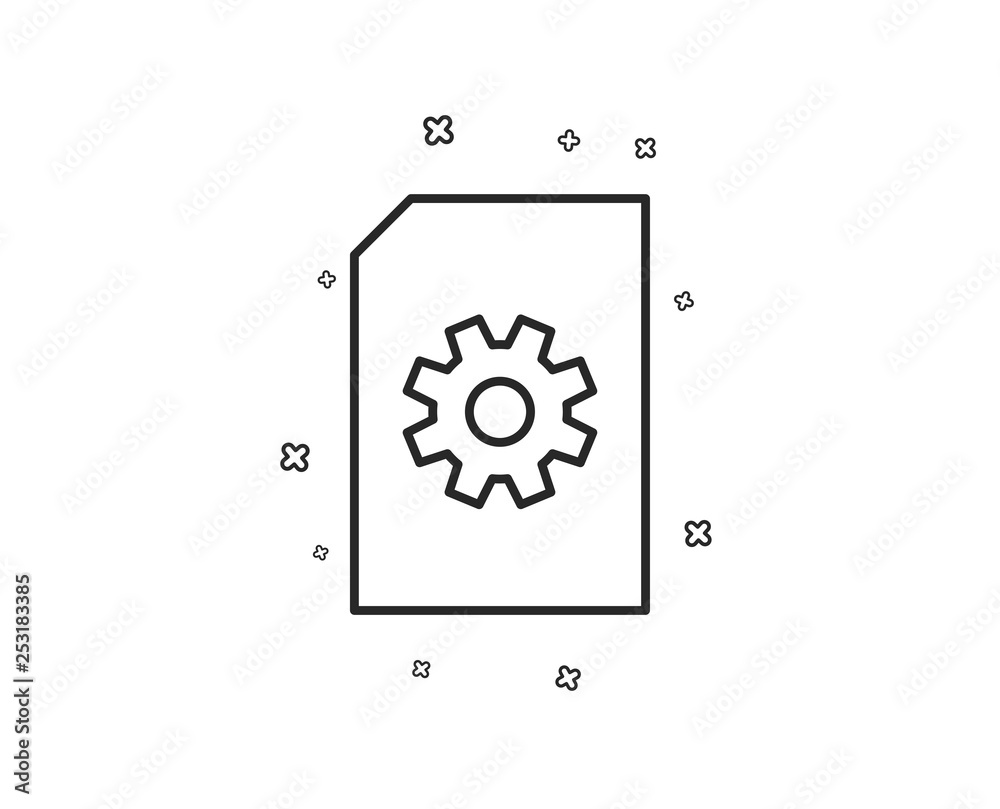 Document Management line icon. Information File with Cogwheel sign. Paper page concept symbol. Geometric shapes. Random cross elements. Linear File Management icon design. Vector Document Management line icon. Information File with Cogwheel sign. Paper page concept symbol. Geometric shapes. Random cross elements. Linear File Management icon design. Vector