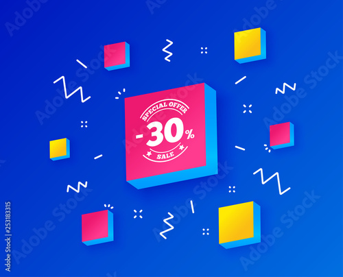 Fototapeta Naklejka Na Ścianę i Meble -  30 percent discount sign icon. Sale symbol. Special offer label. Isometric cubes with geometric shapes. Creative shopping banners. Template for design. Vector