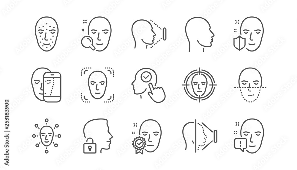 Face recognize line icons. Biometrics detection, Face id and scanning. Identification linear icon set.  Vector