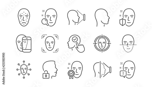 Face recognize line icons. Biometrics detection, Face id and scanning. Identification linear icon set.  Vector